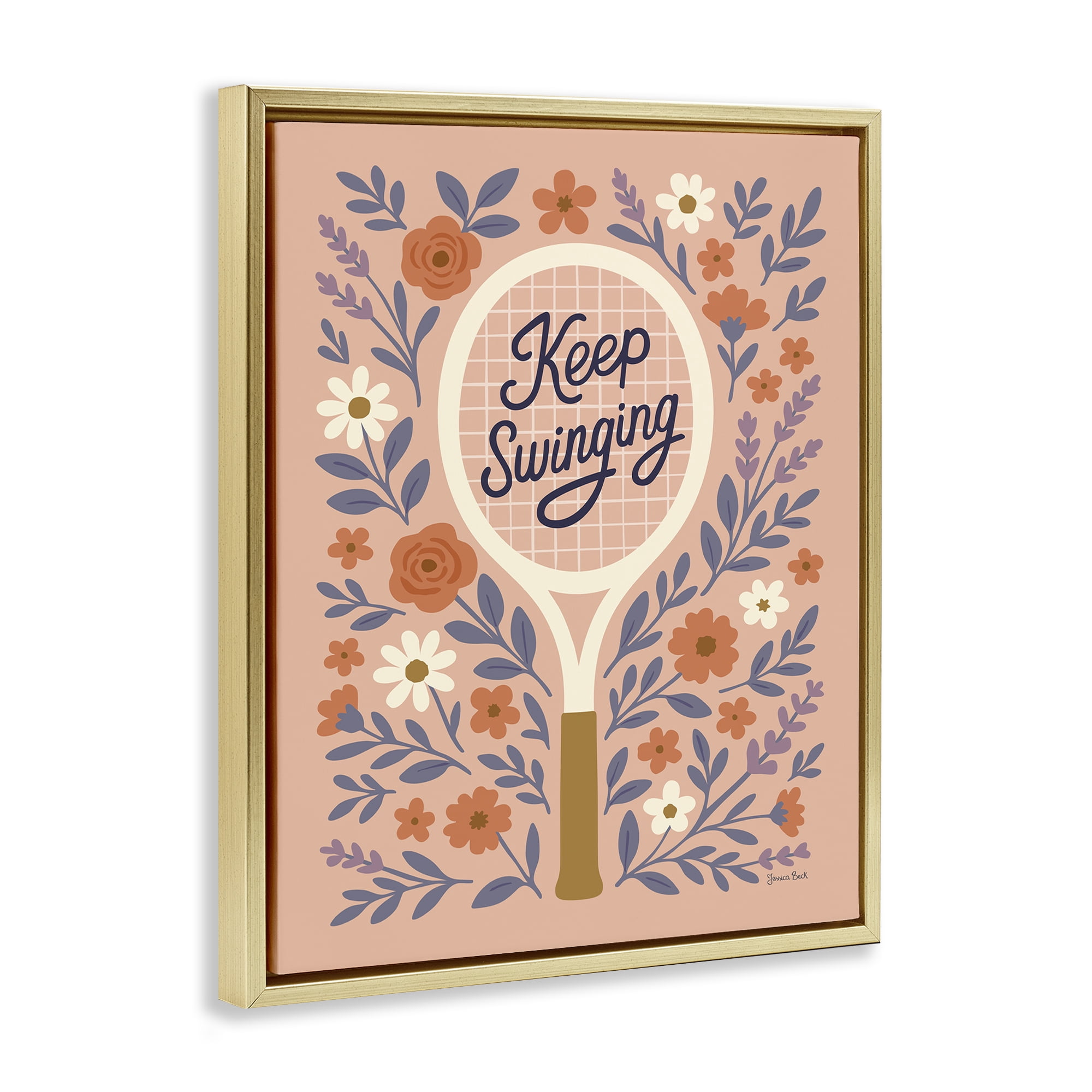 Stupell Industries Keep Swinging Floral Tennis Gold Framed Floater Canvas Wall Art, design by Jessica Beck