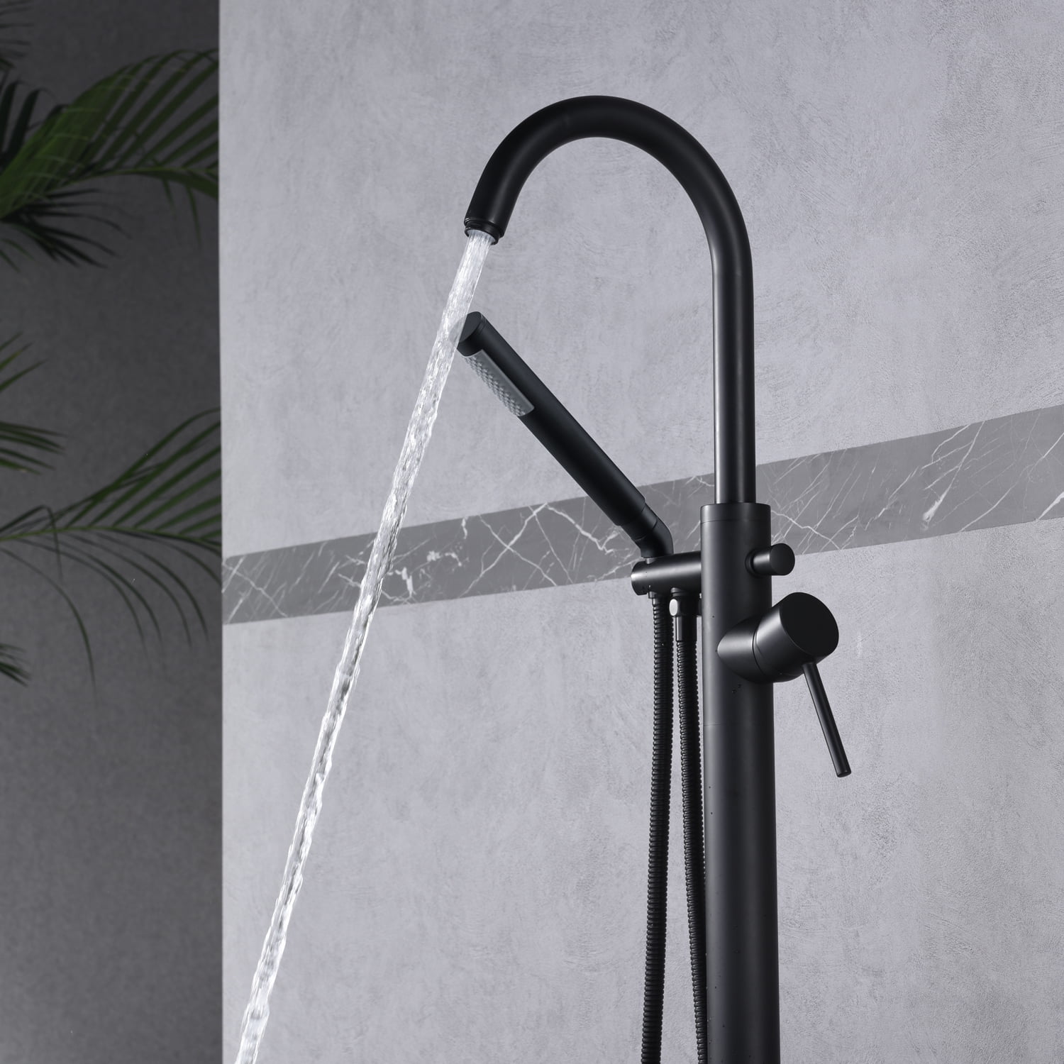 sumerain Freestanding Bathtub Faucet Matte Black Floor Mounted Tub Filler with Handheld Shower, High Flow Rate