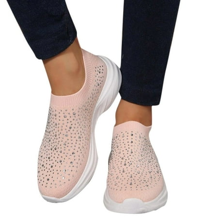 

Mepaouo Slip on Shoes Women Rhinestone Glitter Woven Walking Shoes Foam Sole Comfy Running Shoes