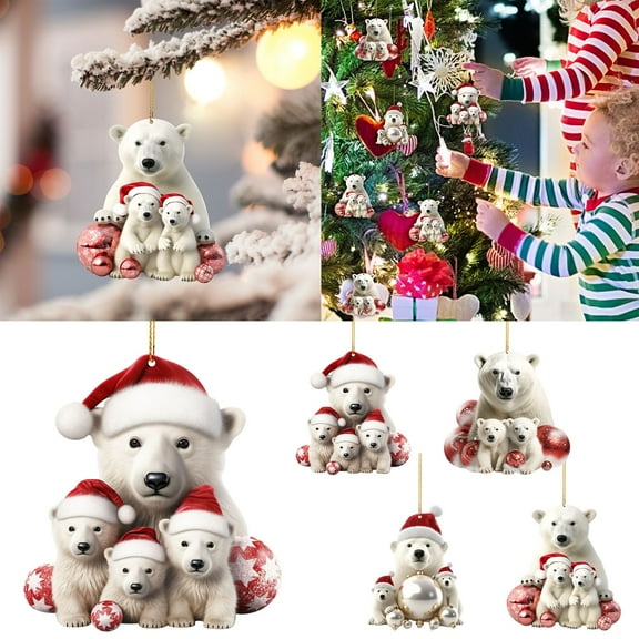 Set of 3 Polar Bear Christmas Tree Ornament,Cute 2D Acrylic Pendant with Balls,Animal Hanging Decor for Car Interior,Home Holiday Decoration