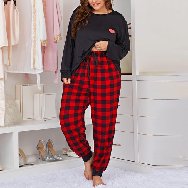 Hauts à Manches Longues pour Femmes Mode Ample Contraste à Carreaux Manches Longues à Lacets Ensemble Décontracté Deux Pièces Pyjamas Manches Longues pour Femmes Pyjamas Deux Pièces pour Femmes