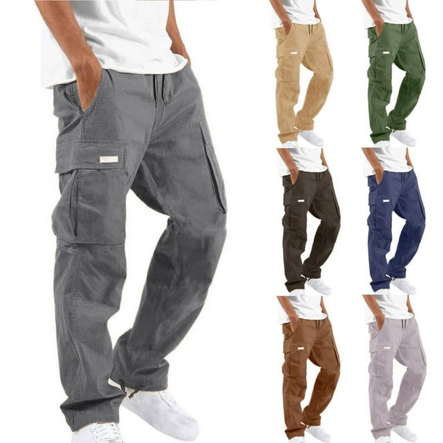 CFLVAEK Mens Cargo Pants Big and Tall Drawstring Elastic Waist Hiking Tactical Pant with Pockets Loose Fit Wide Leg Cargo Pant for Gym Workout Outdoor Coffee M
