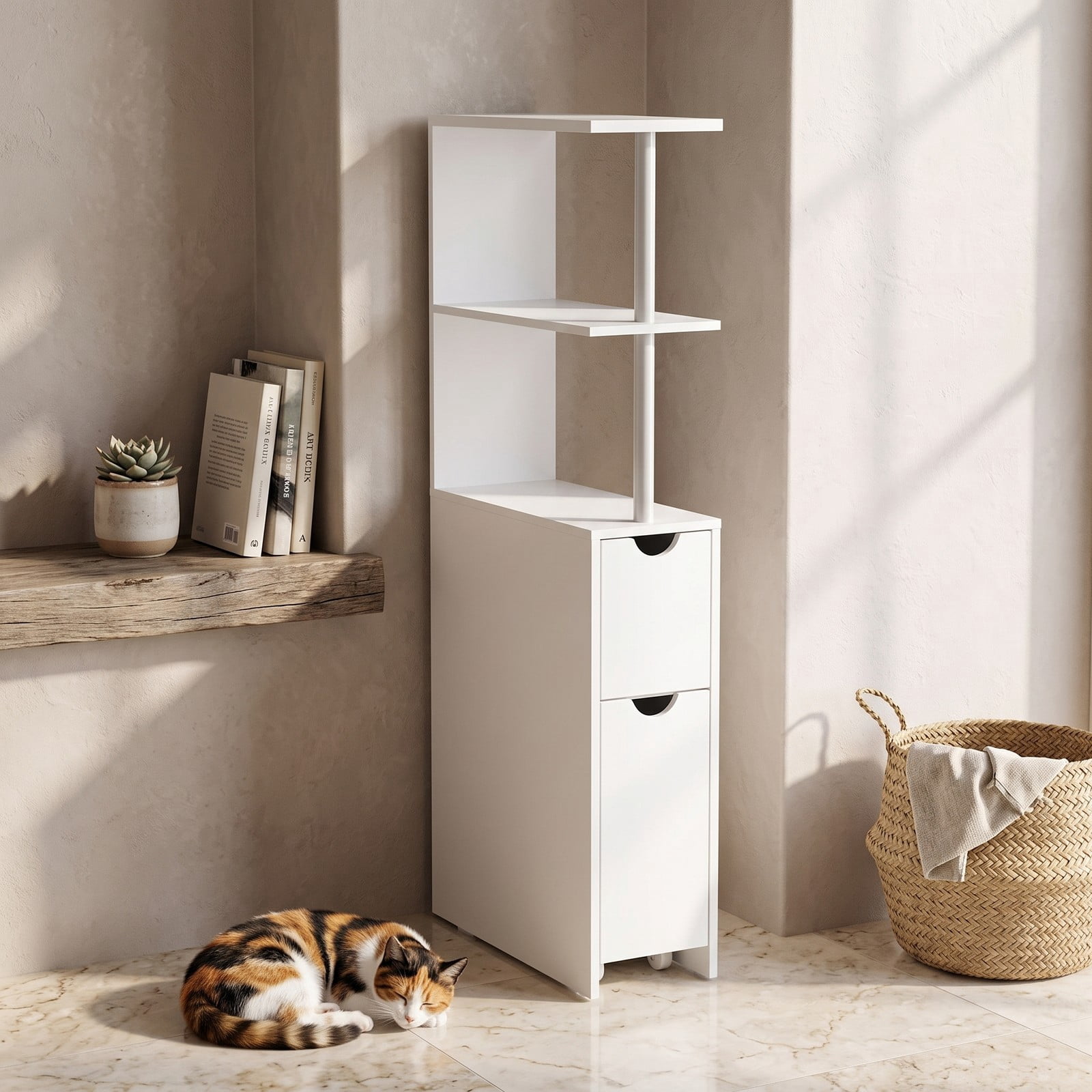 Fenbeli Slim Freestanding Bathroom Storage Cabinet, Narrow Floor Organizer with 3 Open Shelves, Pull-Out Drawer and Rolling Casters for Bathroom Living Room, White