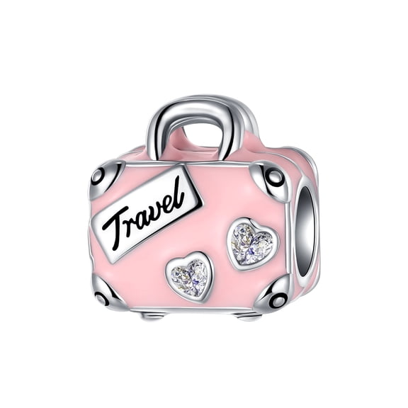 ARVALILS Pink Travel Suitcase Charm - 925 Sterling Silver with Enamel & Cubic Zirconia Hearts, Compatible with European Bracelets & Necklaces, Gift for Travel Lovers