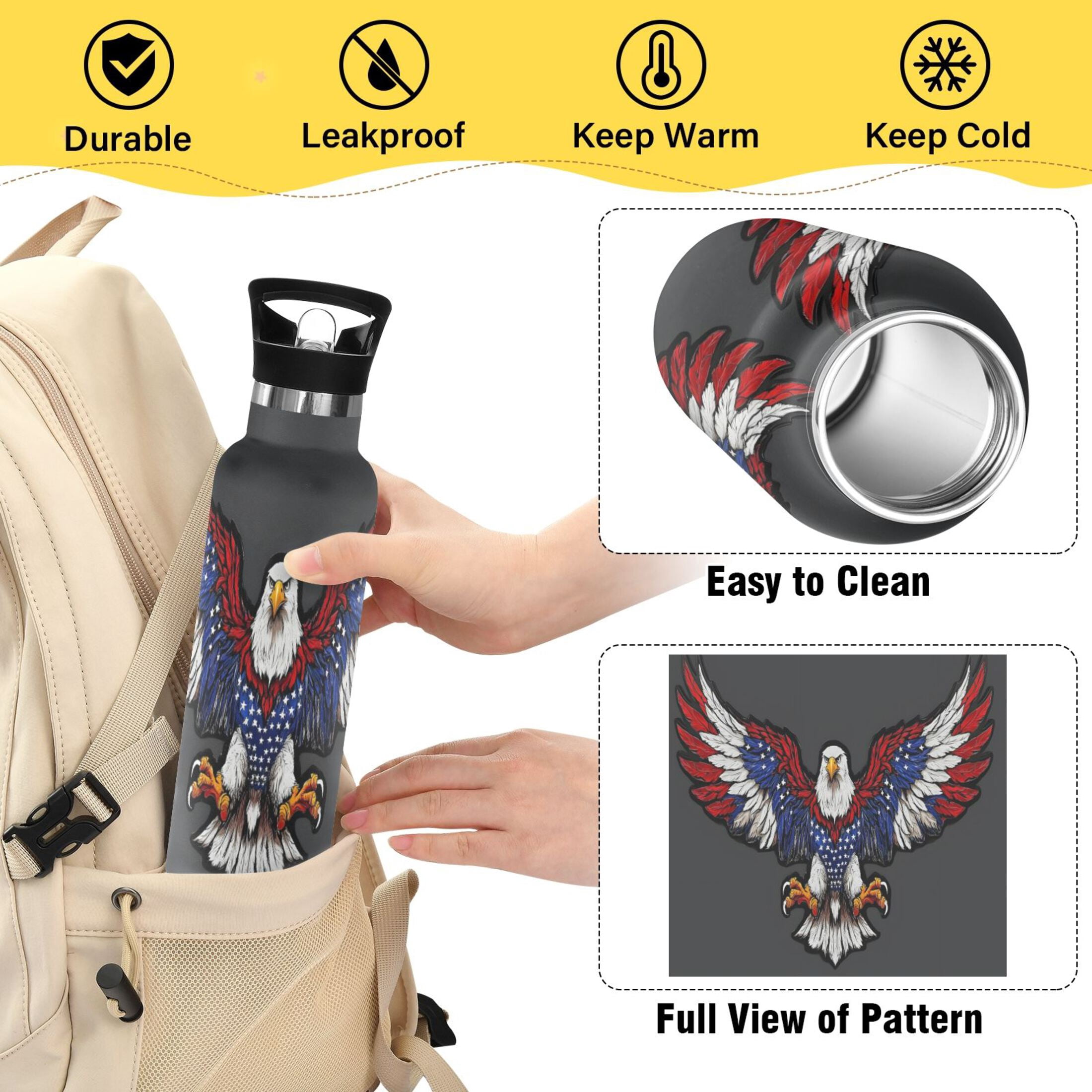 ALAZA Cool American Eagle Pattern Stainless Steel Water Bottle Vacuum Insulated Leak-Proof Tumbler with Straw Handle 20oz