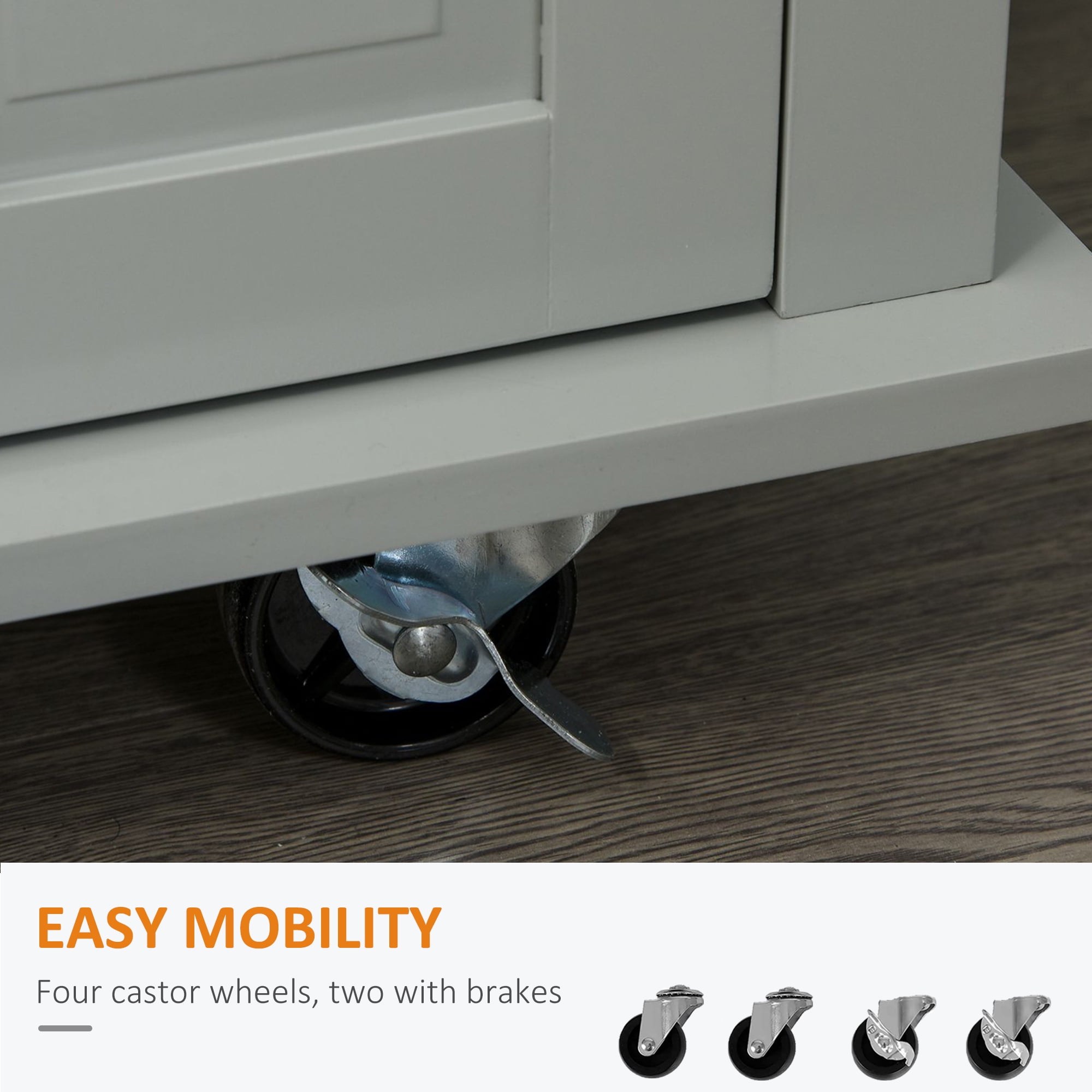 HOMCOM Kitchen Island on Wheels, Rolling Cart with Rubber Wood Top, Spice Rack, Towel Rack & Drawers for Dining Room, Gray