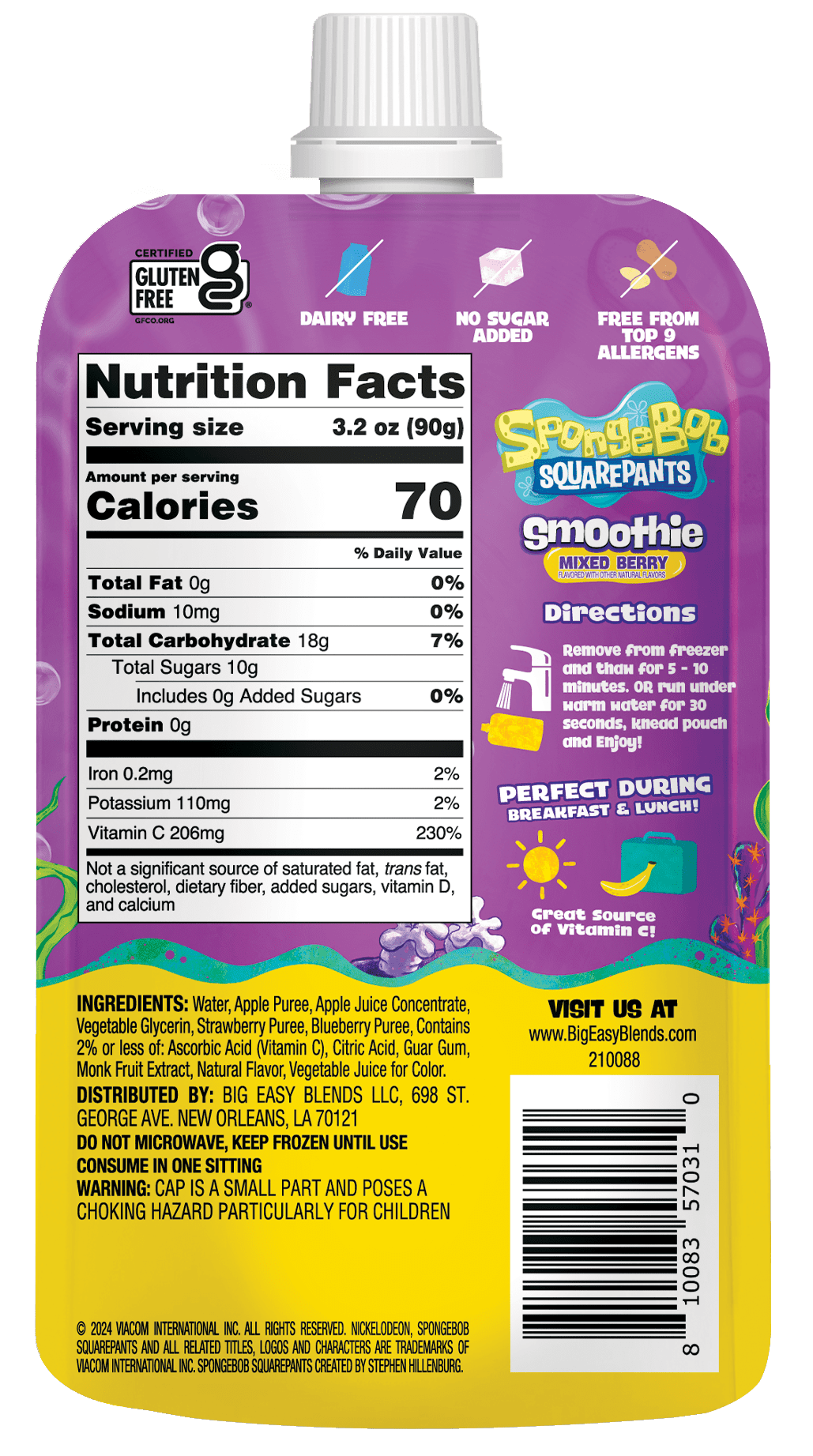 Sponge Bob Square Pants Ready to Drink Fruit Puree Smoothie - Mixed Berry, 3.2 Ounces