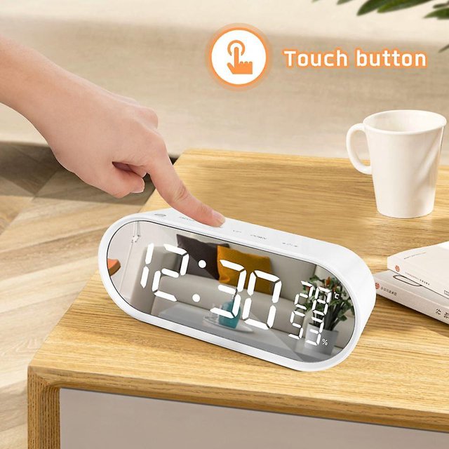 Reloj despertador digital, relojes electrónicos con espejo LED con pantalla grande, puertos de carga USB duales, brillo ajustable, para dormitorio, oficina en casa, blanco