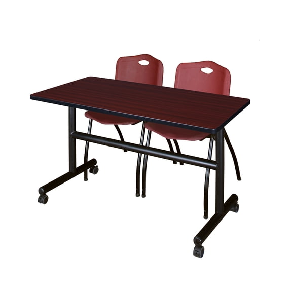 Regency Kobe 48 x 30 in. Flip-Top Training Nesting Table- Mahogany, 2 M Stack Chairs- Burgundy