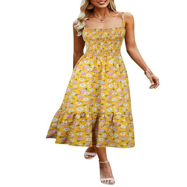 Robe d'Été Femmes Bretelles Spaghetti Imprimé Floral Robe Longue Casual Sans Manches une Ligne Swing Robe Maxi