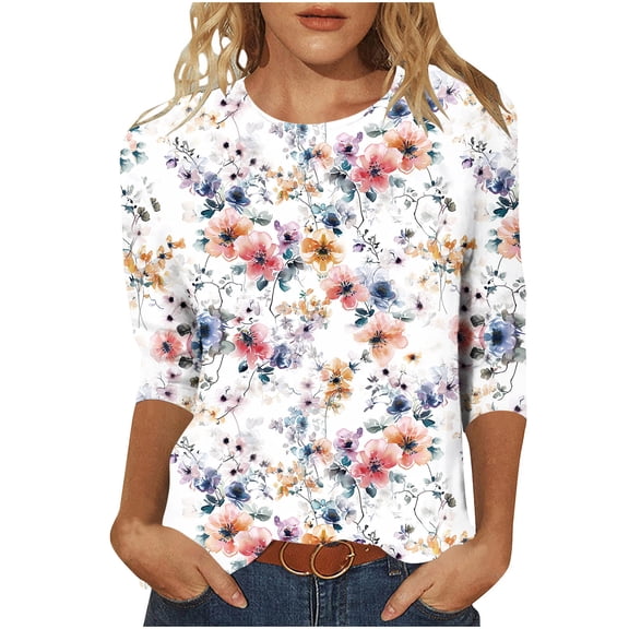 Ruimatai Women's Casual Loose Fit 3/4 Sleeve Printed Round Neck Tunic Blouse Top, Comfortable Flowy Pullover Shirt for Daily Wear