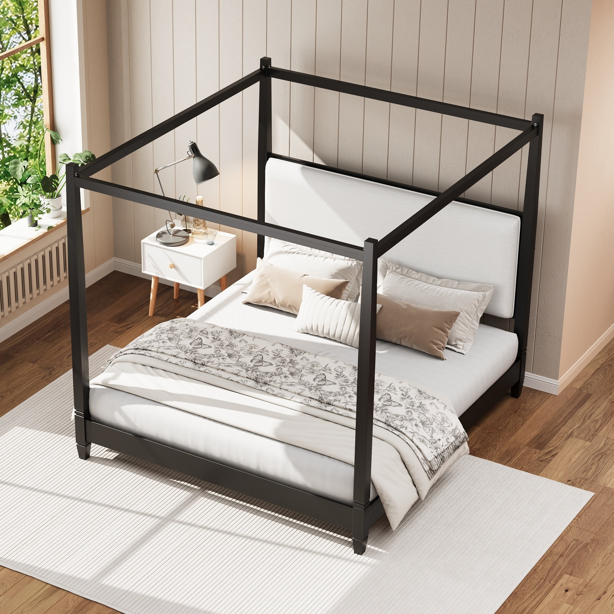 Euroco Wood King Size Canopy Platform Bed with Upholstery Headboard, Black