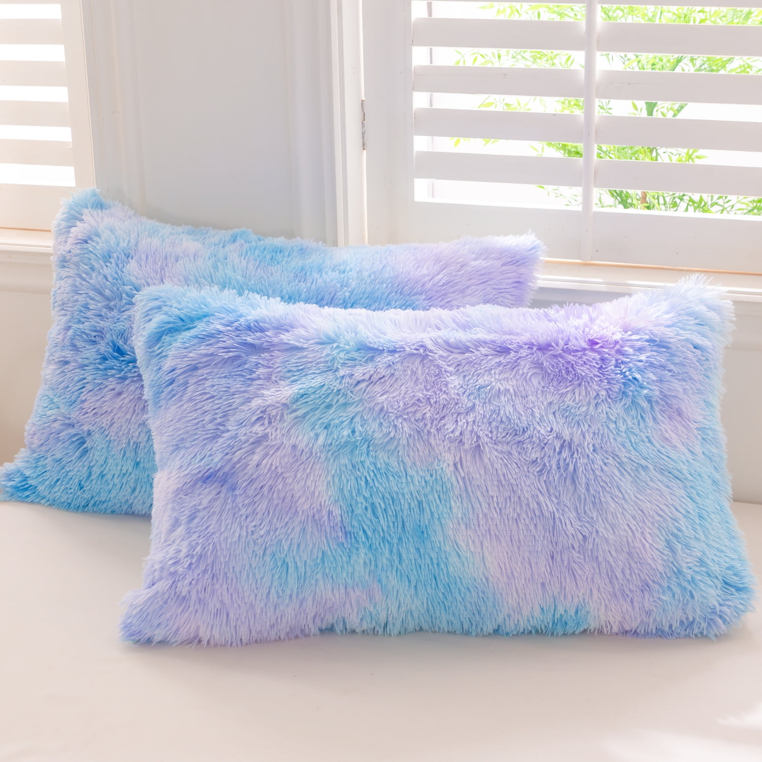 URBONUR Blue Rainbow Girls Comforter Set Twin Plush Shaggy Bedding Set Fluffy Comforter Faux Fur Fuzzy Bedding Set for Girls Ultra Soft Cozy Bed Sets(1 Fluffy Comforter + 2 Pillowcases)