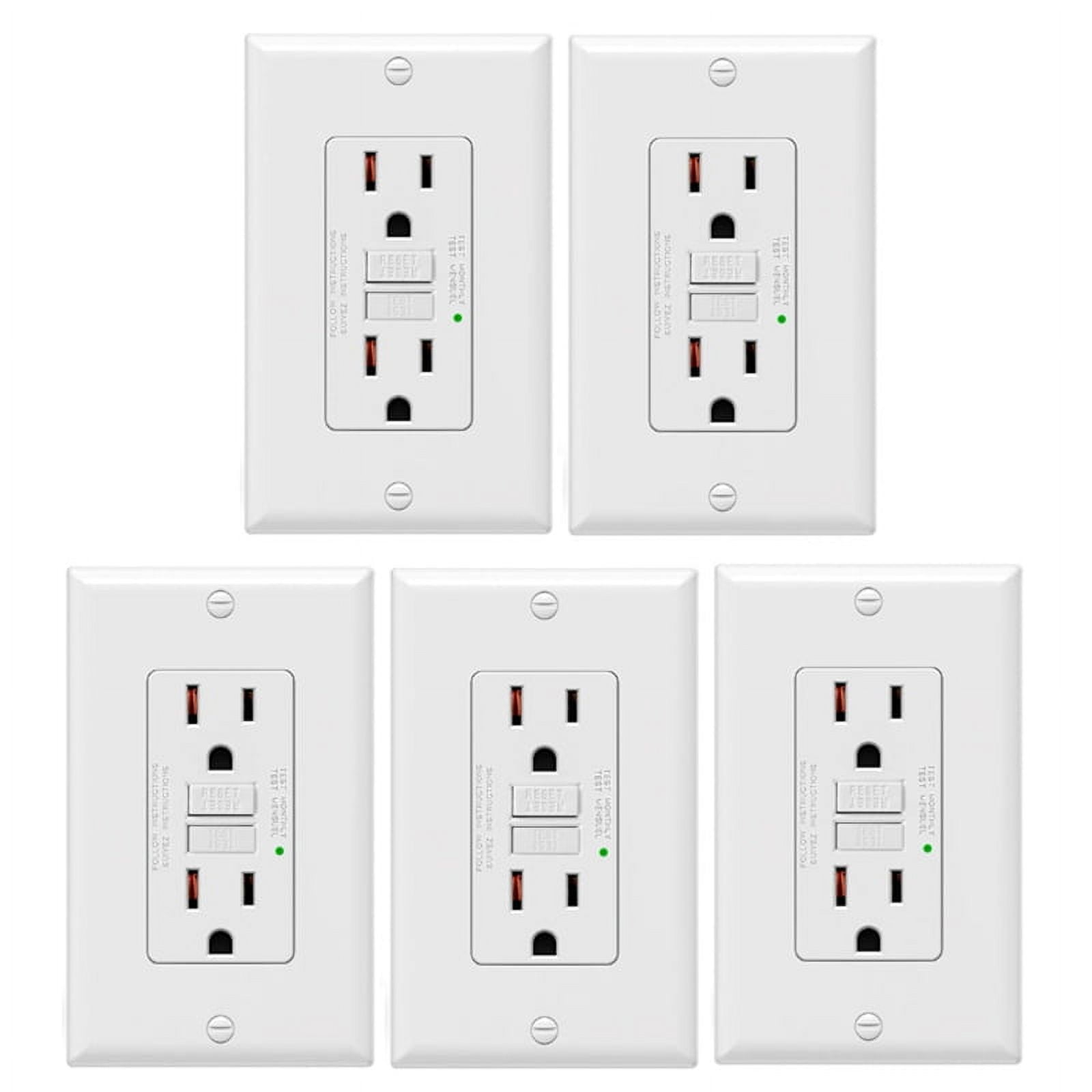 5Pack GFCI Outlets 15 Amp,Non-Tamper ,Decor GFI Receptacles with LED Indicator, Plastic+Metal2146