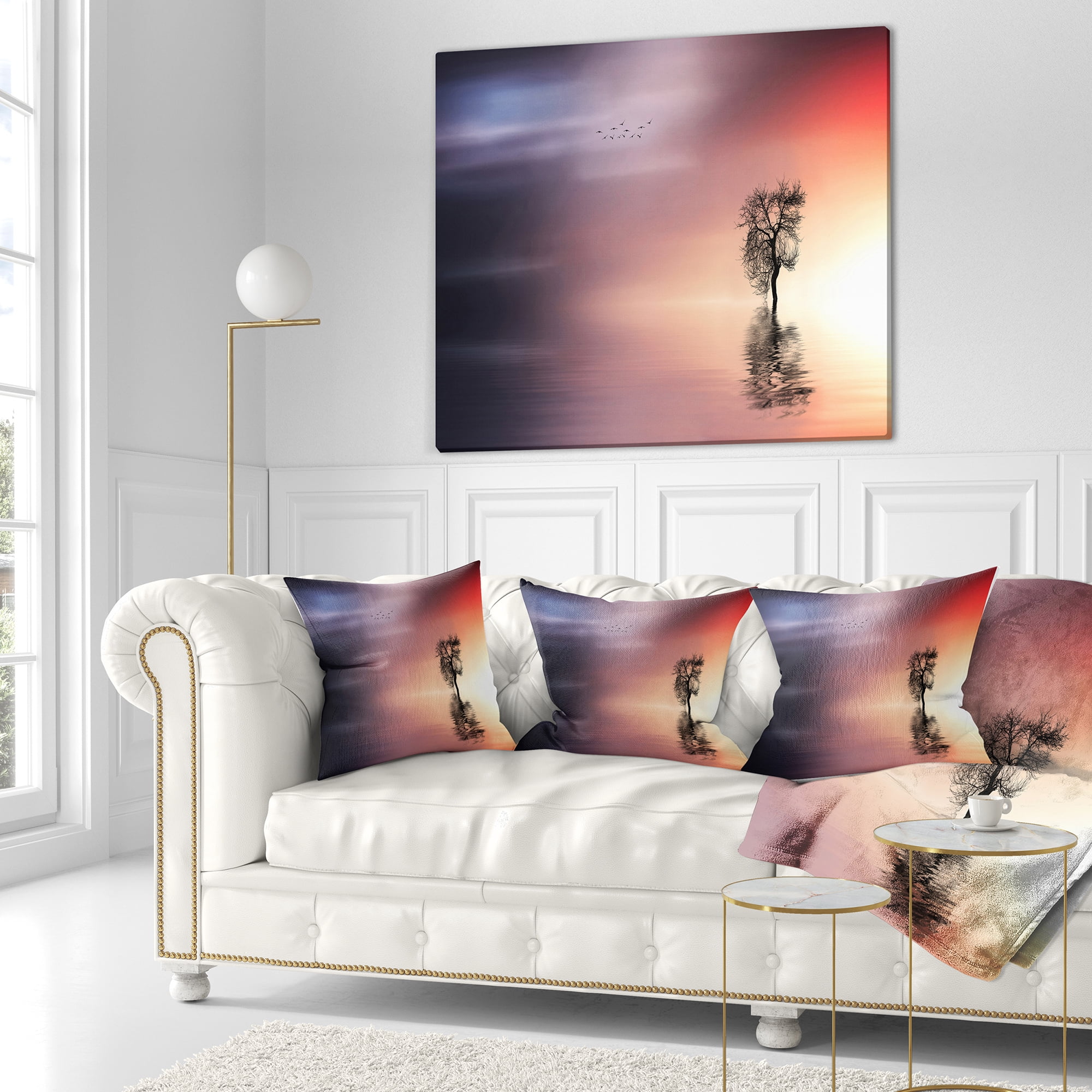 Designart Solitude Tree and Flying Birds - Landscape Printed Throw Pillow - 18x18