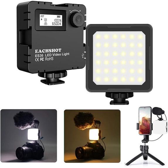 Mini LED Camera Video Light, Dimmable 2800K-8500K LCD Display Portable Video Lighting for GoPro iPhone Vlogging YouTube Video Filmmaking - EACHSHOT ES36