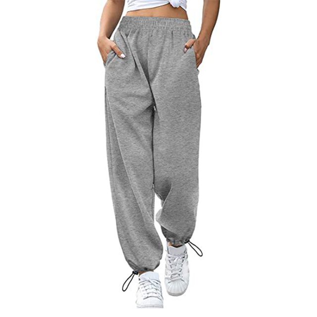Pantalón de mujer cintura alta elástico Color puro cordón bolsillos sueltos deportes pierna ancha tobillo atado pantalones de mujer gris XXL