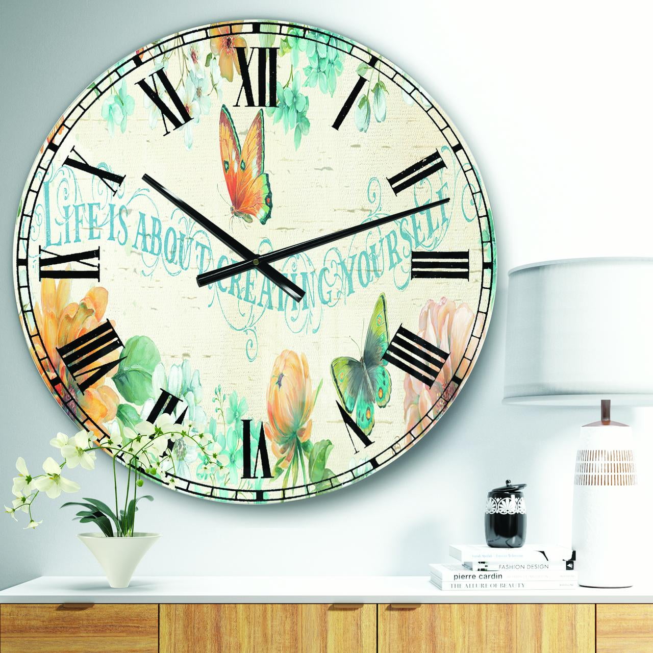 Designart 'Butterfly Bloom lovely Quote' Farmhouse Wall Clock