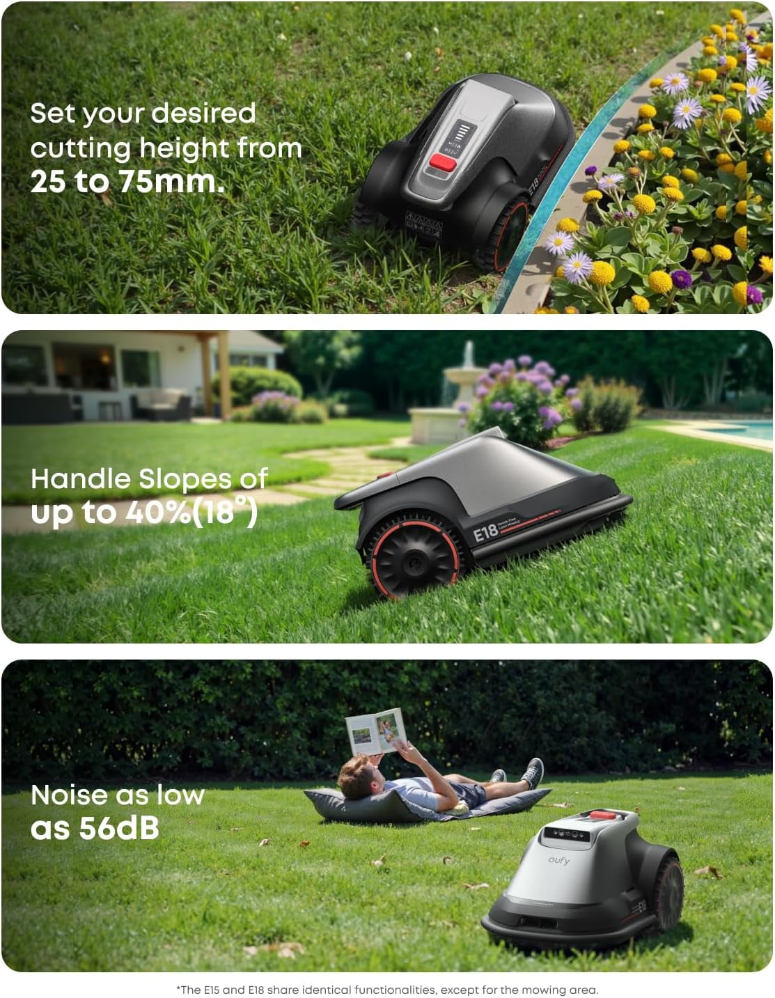 eufy Robot Lawn Mower E15, Auto Mapping,Pure Vision Navigation, Wire Free RTK Free, Multi-Zone Management, AI 3D Obstacle Avoidance, GPS Anti-Theft, 0.2 Acres, 18° Slope, App Control