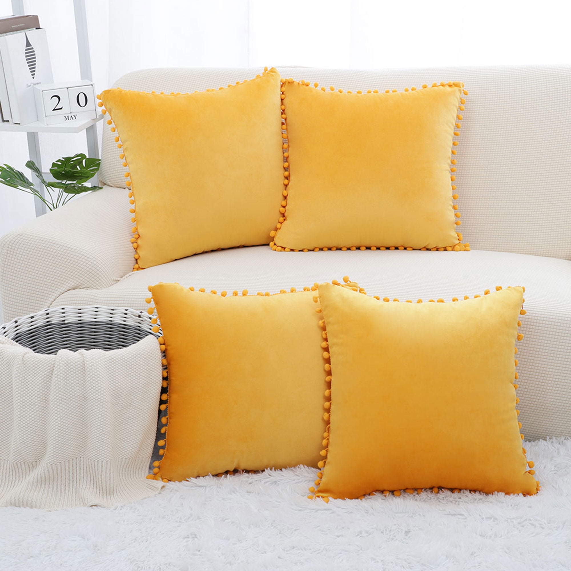 PiccoCasa Velvet Pillow Covers Square Solid Soft Cushion Covers for Sofa Couch Bedroom Car 16 x 16 Golden Yellow 1PCS Pom Pom Christmas Throw Pillow Cover