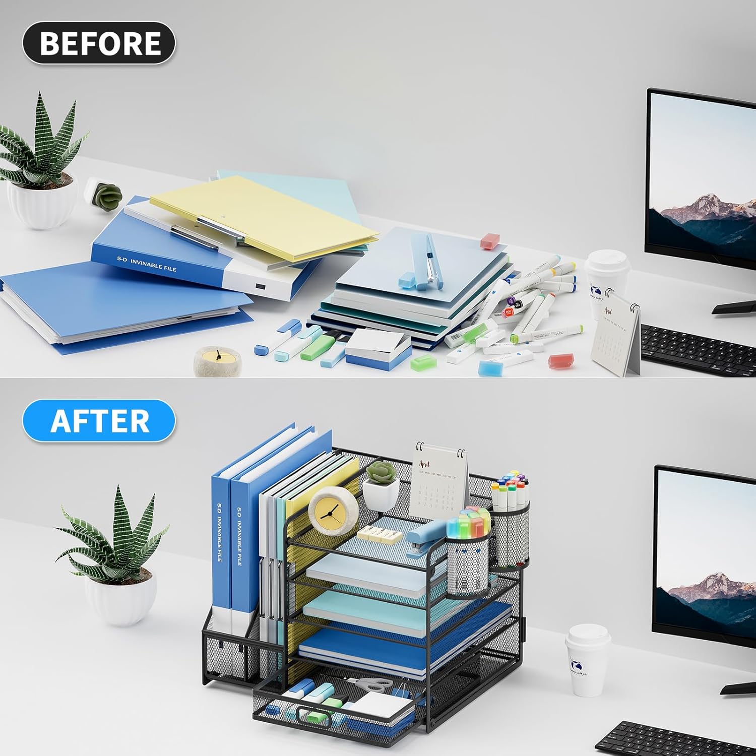 Organizador de escritorio Behome con portaarchivos, organizador de archivos de escritorio de 5 niveles con cajón y 2 portalápices, para oficina y hogar, negro 4