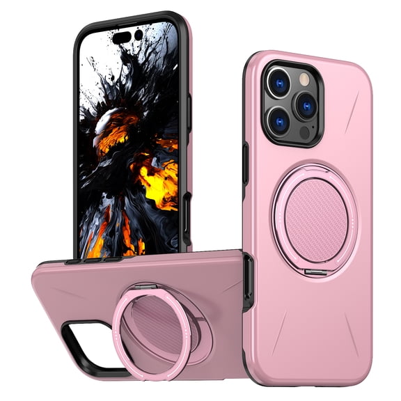 Magnetic For iPhone 15 Pro Phone Case,360° Rotatable Ring Kickstand,Compatible with Mag-safe,Anti-Drop Protection,Heavy Duty Shockproof Anti-Scratch Rugged Phone Case Cover,Pink