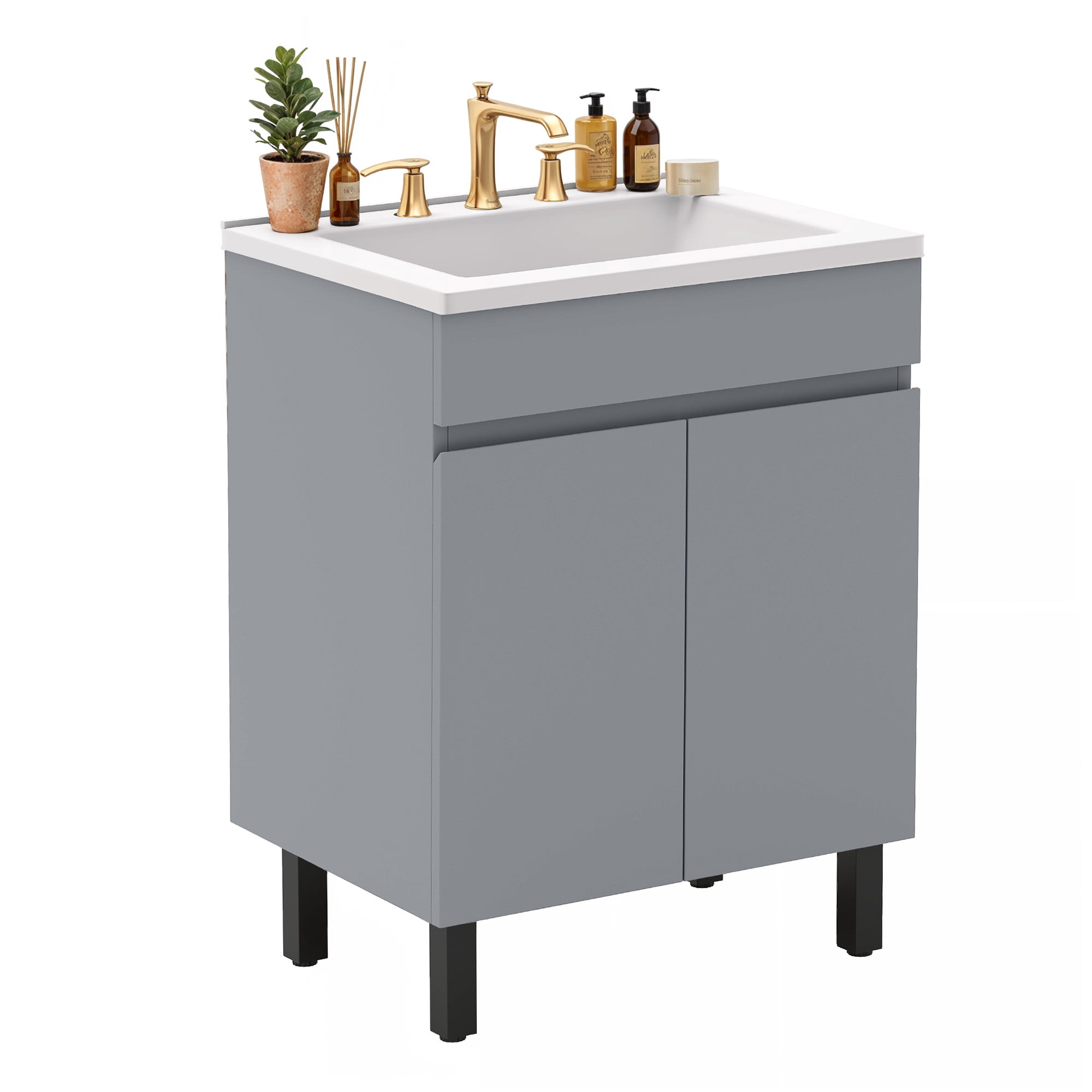 Uforic 24.9" Bathroom Vanity with Top Sink, Modern Free Standing Bathroom Storage Cabinet with Soft Close Door, Gray