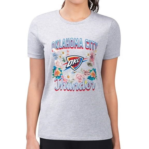 Women's G-III 4Her by Carl Banks Heather Gray Oklahoma City Thunder Super-Slim Fit Lightweight Flowers Team Logo Graphic