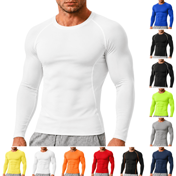 Men's Compression Shirt Lightweight Quick Dry Stretch Long Sleeve Athletic Tops for Training, Running and Workout White L