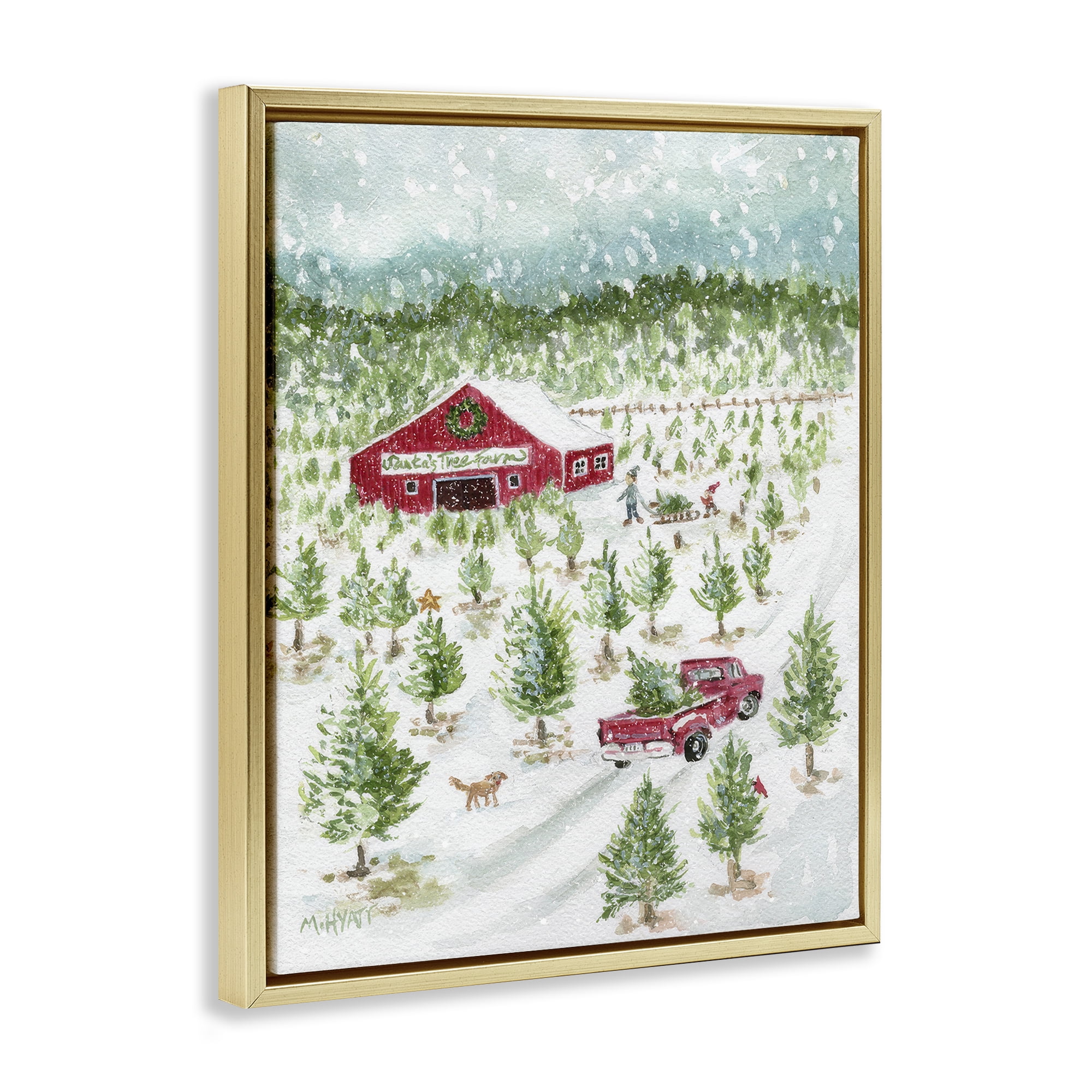 Stupell Industries Christmas Tree Farm Holiday Painting Gold Floater Framed Canvas Art Prints Wall Art, 25 x 31