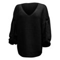 thumbnail image 5 of VISALY V Neck Pullover Sweater Knit Sweater Womens Fall Sweaters 2024 Chunky Loose Long Sleeve V Neck Oversized Casual Knit Pullover Tops Crochet Sweaters Womens Sweatshirts Women Pullover Black L, 5 of 7
