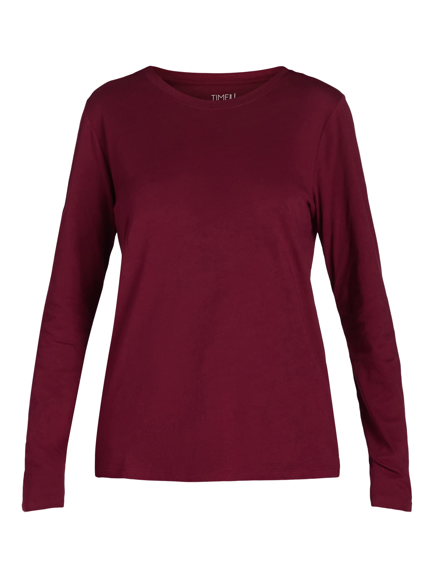Time and Tru Women's Cotton Crewneck Tee with Long Sleeves, Single and 3 Pack, Sizes XS-XXXL