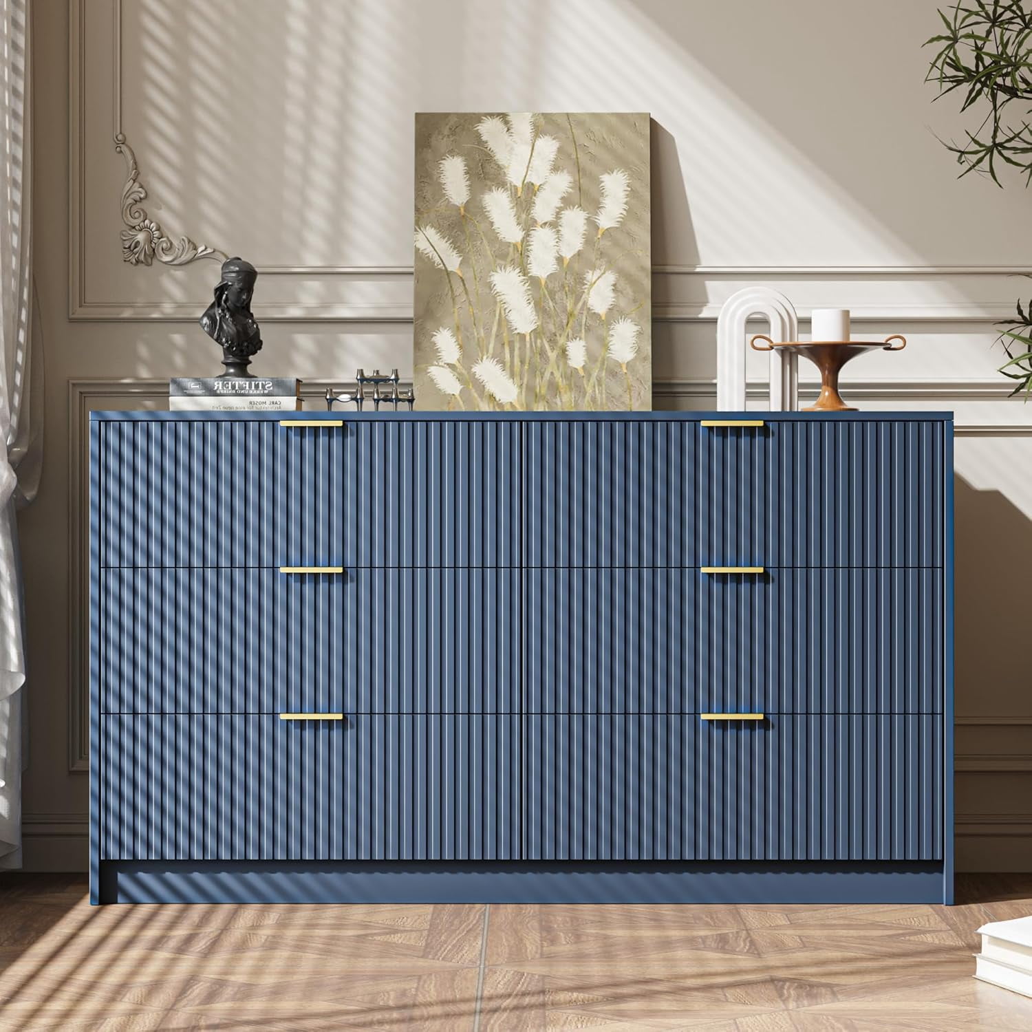 FURNIWAY Blue 6 Drawer Dresser for Bedroom, 55 Inch Wide Modern Chest of Drawers with Fluted Wood Front and Gold Metal Handles for Living Room Hallway