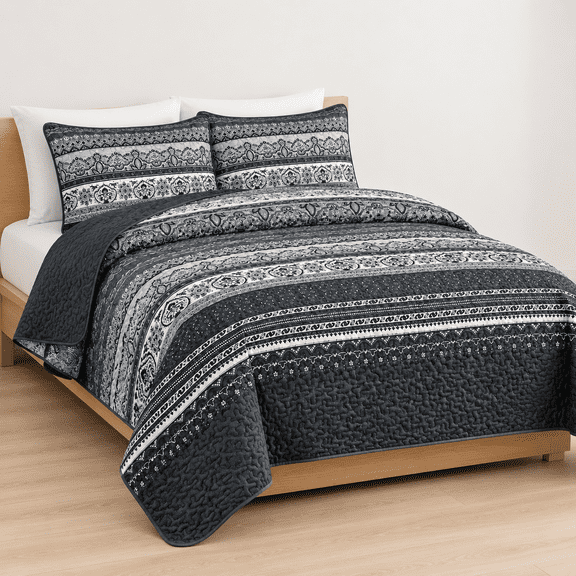 Boho Queen Quilt Set 3 Pieces Bedspread Black