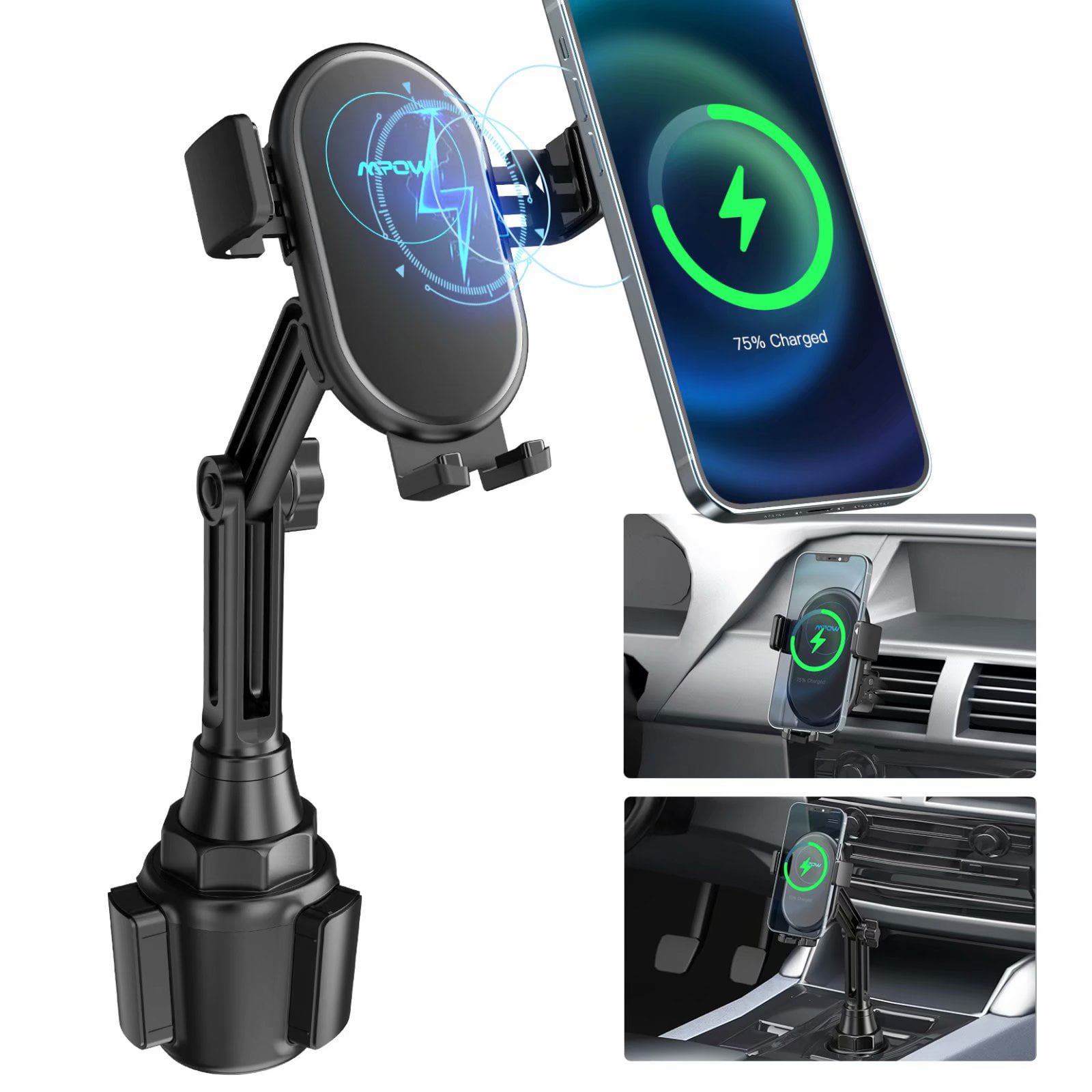 Clamping Air Vent Suction Cup Windshield Cell Phone Holder Compatible with All Apple iPhone Android Smartphone KMSCO Wireless Car Charger Mount 15W Qi Fast Charging Auto