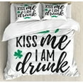thumbnail image 1 of Kiss Me Queen Size Duvet Cover Set, Saint Patrick's Day Themed Hand Drawn Lettering Leprechaun Hat Motif, Decorative 3 Piece Bedding Set with 2 Pillow Shams, Sea Green Black and White, by Ambesonne, 1 of 3