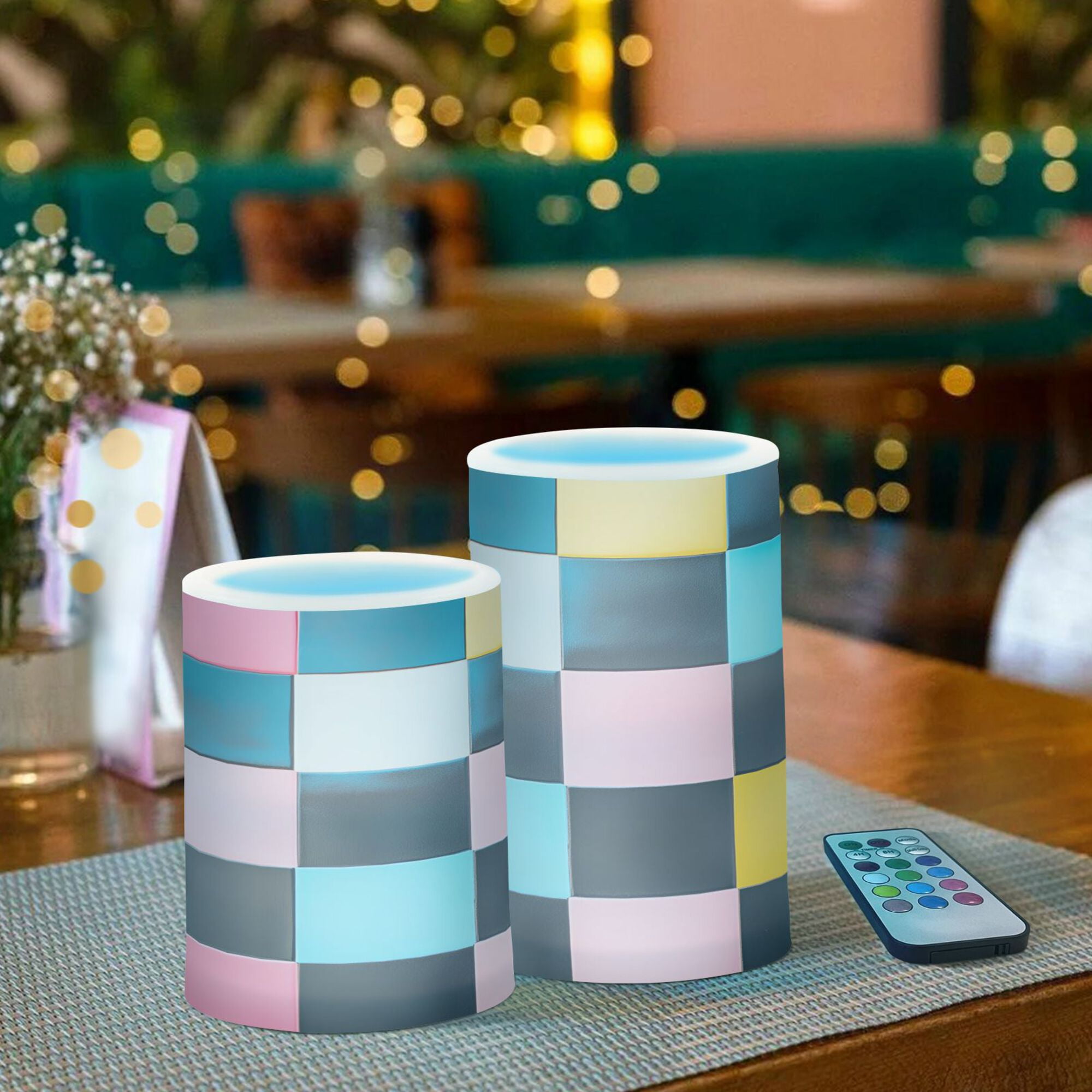 Yayeee Flameless Candles with Remote Flickering Battery Operated Multi Color Changing, Pink Checkered Pattern