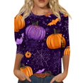 thumbnail image 2 of Halloween Womens Shirts Funny 3/4 Sleeve Tops Spooky Pumpkin Cobweb Printed Pullover Horror Round Neck T Shirts Holiday Three Quarter Length Blouses, L, 2 of 7