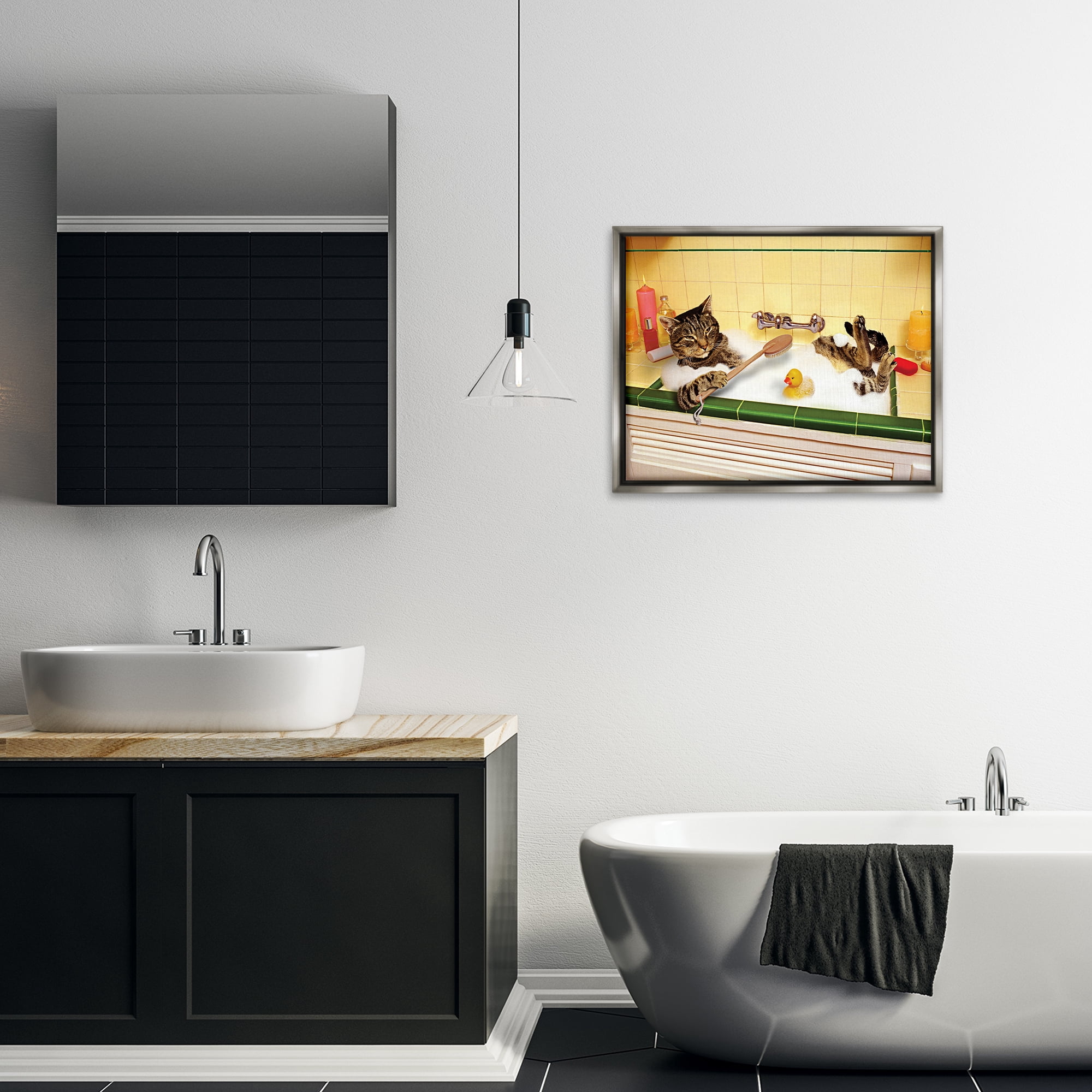 Stupell Industries Cat Bathing in Tub Typography Painting Gray Floater Framed Canvas Art Print Wall Art, 31 x 25