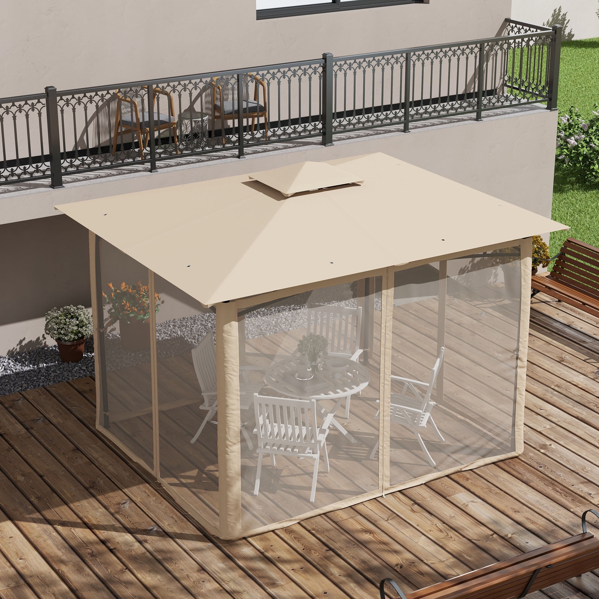 Outsunny 10' x 12' Patio Gazebo, 2-Tier Roof with Netting, Beige