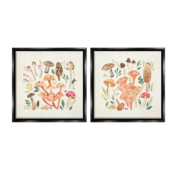 Stupell Industries Mushroom & Leaves Pattern Botanical & Floral Painting Black Floater Framed Canvas Art Print Wall Art, 18 x 18, Set of 2