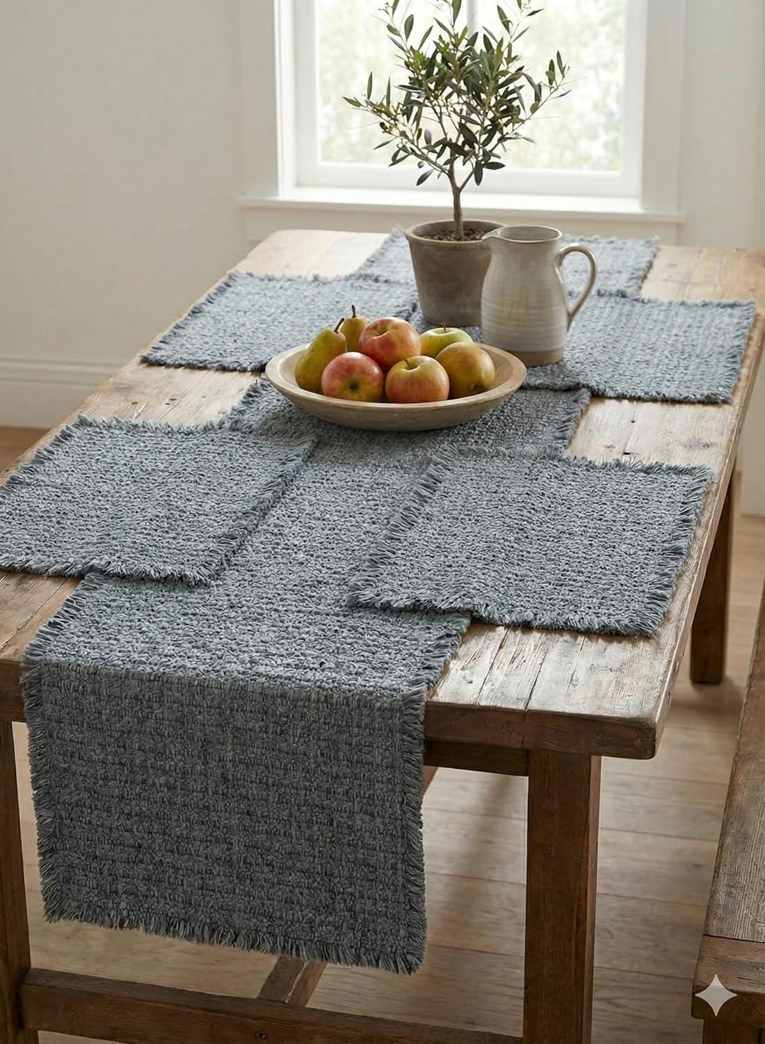 181 Degrees Table Runner 19x92 with Placemats 14x19 Set, Gray Farmhouse Table Decor, Textured Dining Table Runner & Placemat Set