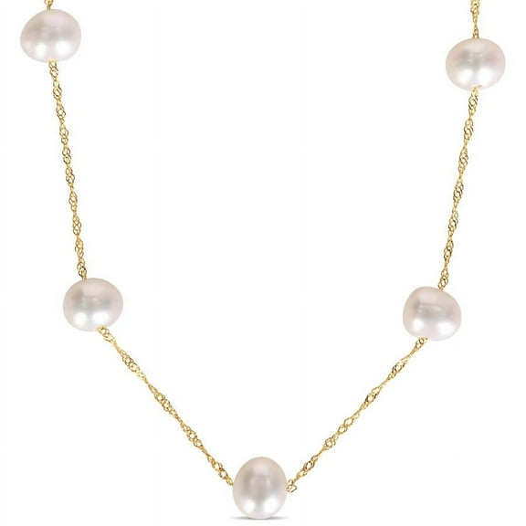 AMOUR Cultured Freshwater Pearl Tin Cup Necklace with 10K Yellow Gold Rope Chain and Clasp