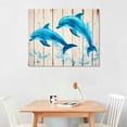 thumbnail image 2 of JEUXUS  Jumping Dolphins Teal Blue Bathroom Wall Decor Ocean Animal Painting Wood Texture Background Art Print on Canvas Framed Artwork Ready to Hang  16x12in, 2 of 6