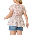 thumbnail image 3 of Unique Bargains Women's Plus Size Casual V Neck Smocked Waist Floral Peplum Blouses 1X Pink, 3 of 7