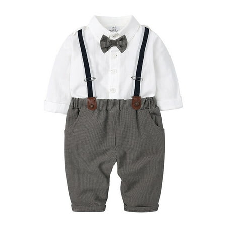 

Boy Baby Sweater Baby Boy Winter Clothes 3-6 Months Toddler Kids Baby Boys Gentleman Suit Shirt Long Sleeve Bowtie Plaid Suspender Pant Trousers Outfits 2PCS Set Clothes with Dress