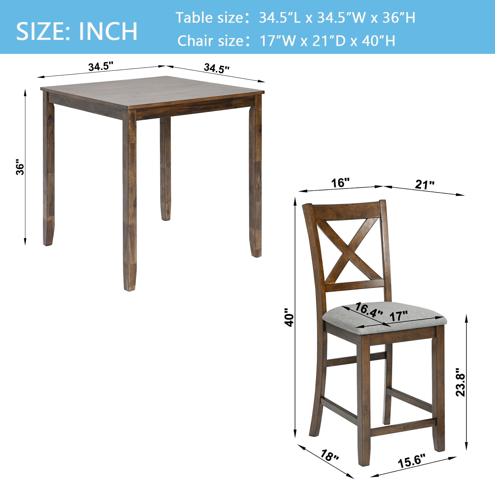 MAYEERTY 5 Piece Dining Table Set, Wooden Dining Square Table Set for 4, Counter Height Kitchen Table Set with Square Table and 4 Upholstered Chairs for Small Space, Walnut
