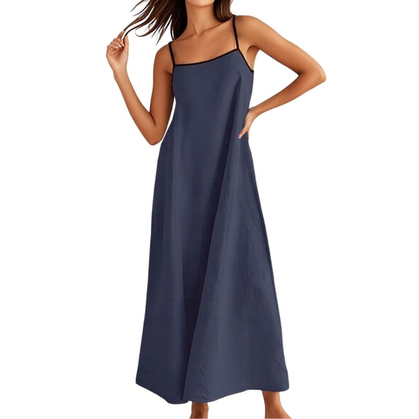 Vestido largo de mujer con ribetes en contraste, tirantes finos y sin mangas, ideal para las vacaciones de verano