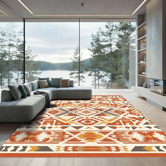 ODIKA 4'x6' Machine Washable Non-Slip Area Rug, Aztec Terracotta High Traffic Rug, Orange, 1085807