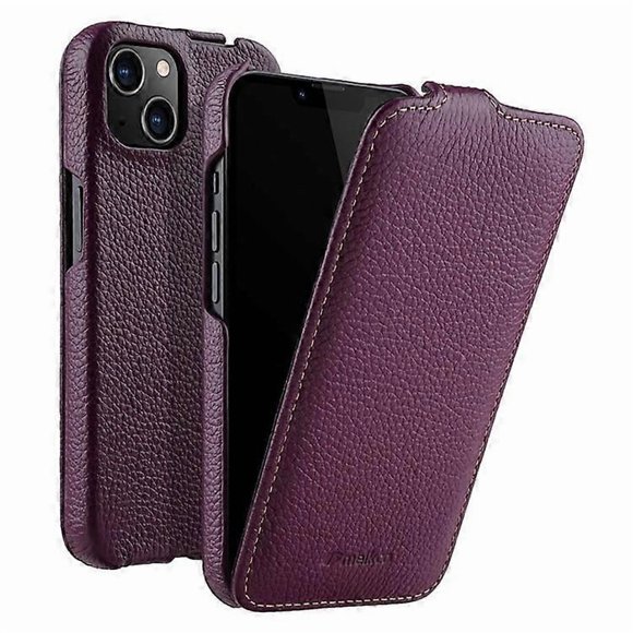 MELKCO Compatible For iPhone 13 Genuine Cow Leather+PC Phone Case Vertical Flip Ultra-Thin Protective Cover